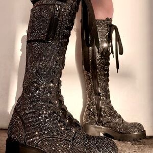 Dolls Kill Glittering Black rhinestone,  Lace-Up Boots 11